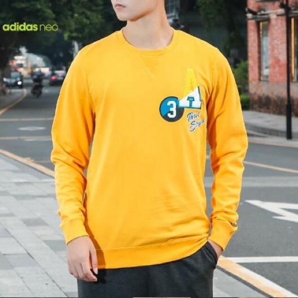 NWOT Adidas Neo Yellow A varsity patch 3 stripe crewneck sweatshirt - Picture 2 of 10